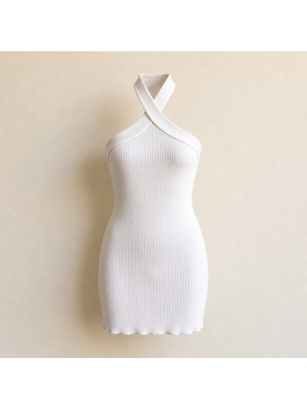 House of Harlow 1960 Crossover Halter Rib Knit Bodycon Mini Dress White L